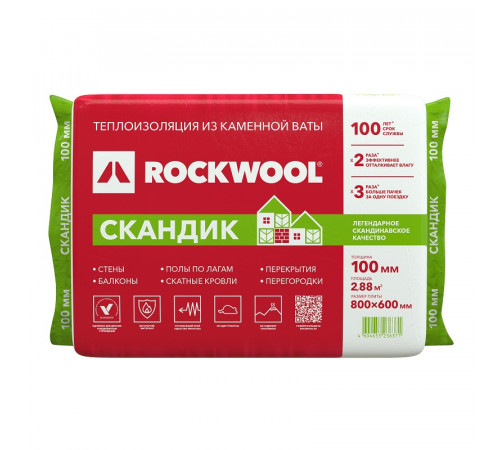 Утеплитель Rockwool Лайт Баттс Скандик 800х600х100 мм, 6 шт